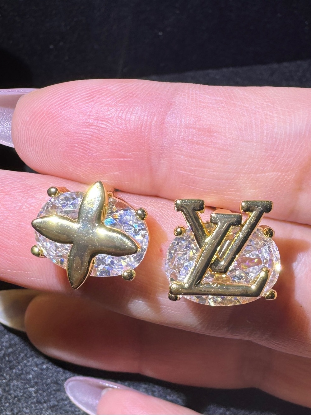 S925 Posts - Gold Crystal Asymmetrical Initial Stud Earrings